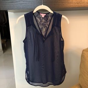 Sheer Navy Tie-Front Blouse